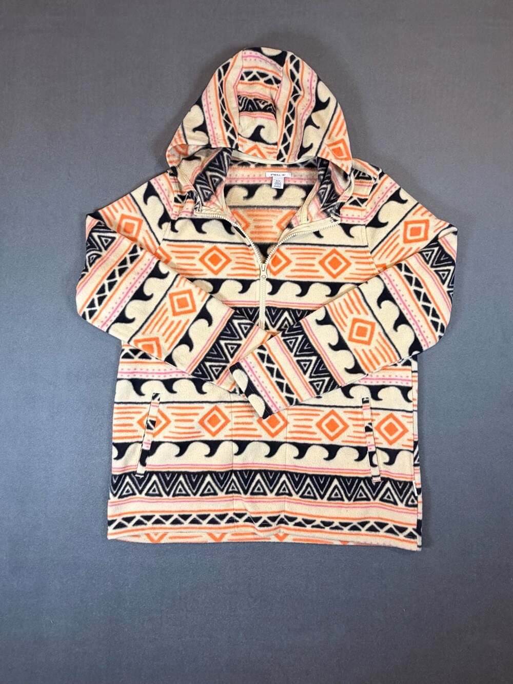 O’Neill Aztec Geometric Hooded Fleece Pullover Women’s S Cream Orange Pink